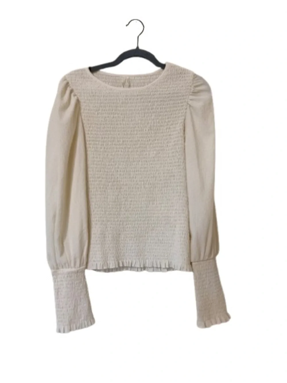Anthropologie Smocked Long Sleeve Cream Ivory Puff Sleeve Stretch Top SZ L